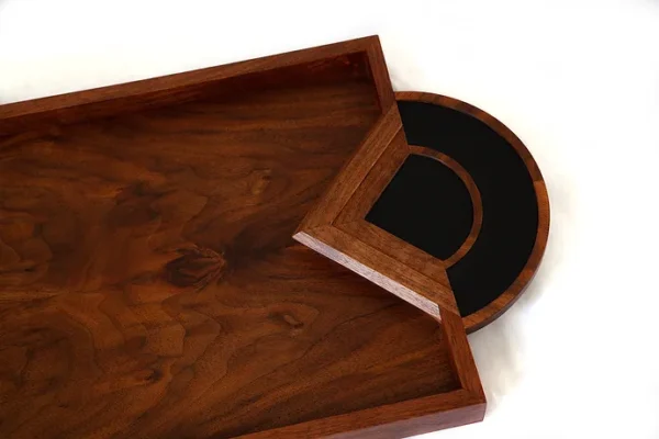 PALM HENRI TRAY - BLACK WALNUT AND BLACK LEATHER wood and leather luxury tray - Image 2